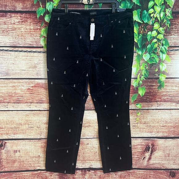 Talbots Velveteen Straight Leg Pants 16P Petite Christmas Critters Trees Blue - Picture 2 of 6